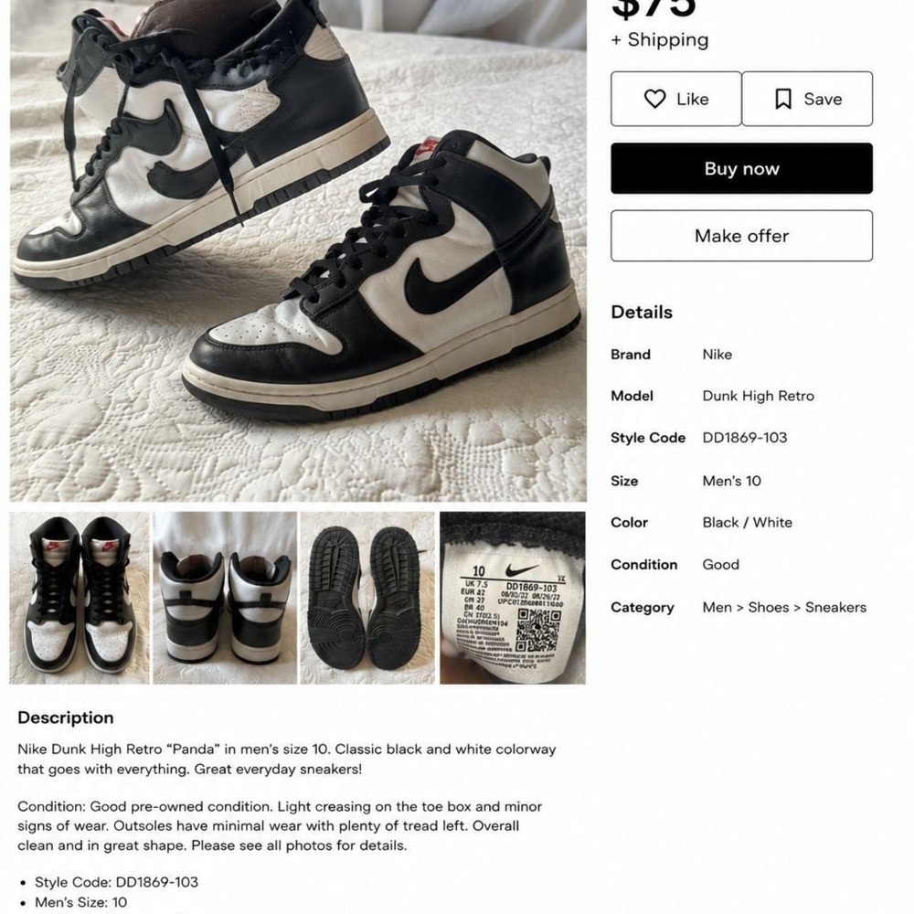 Nike‎ Dunk High Retro Panda Black White DD1869-103 Men's Size 10